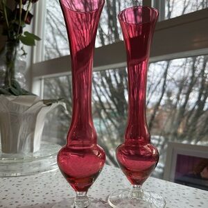 Charming Cranberry Glass Vases. Set of two. Gorgeous shape and colour.